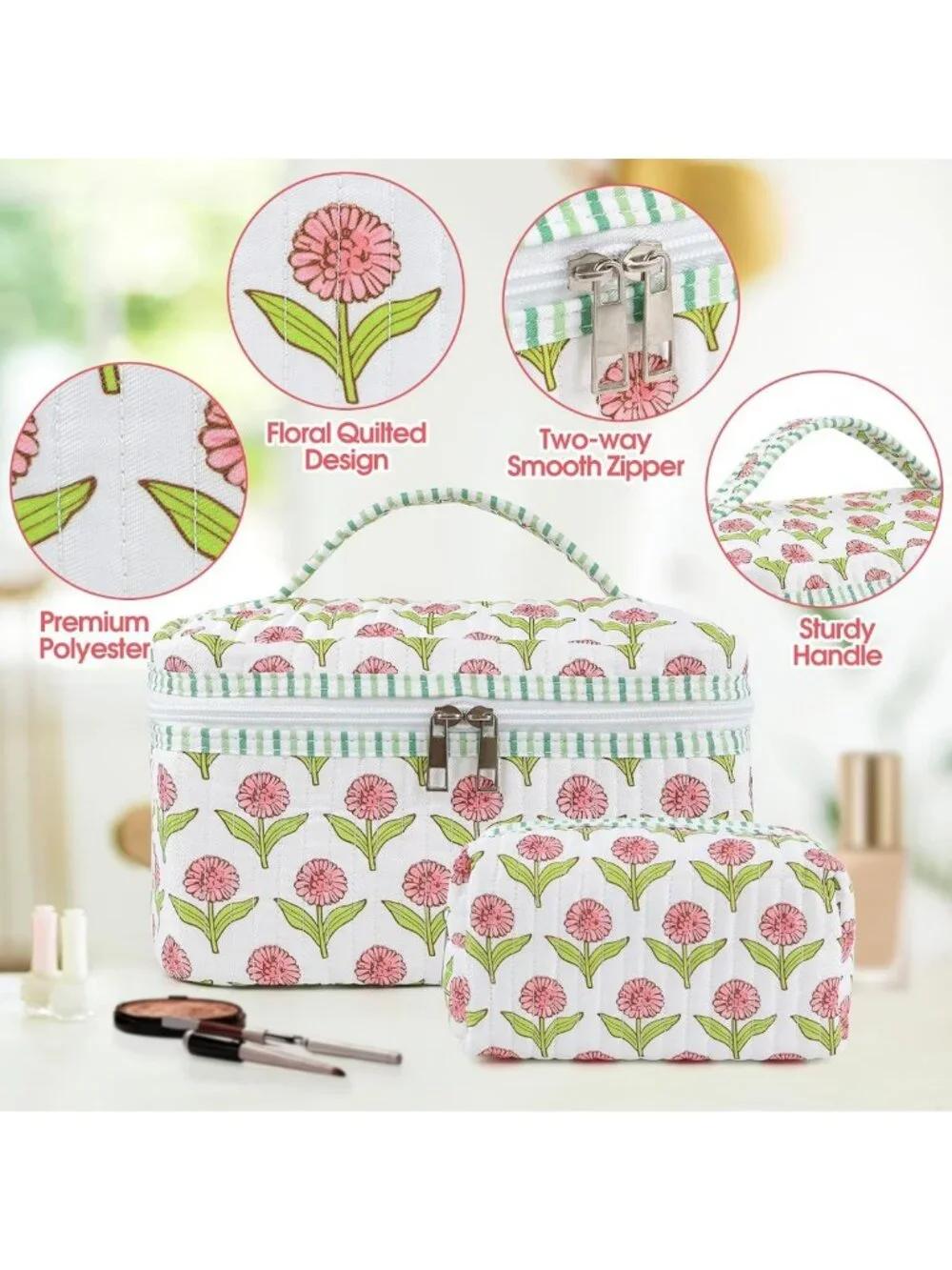 Floral Boho Makeup Bag Set - 2Pcs Large Capacity Cosmetic Organizer for Travel